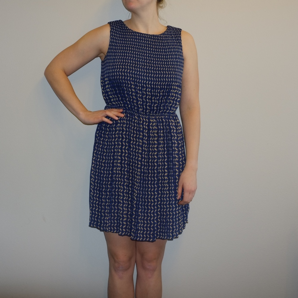 Blue Pleated Work Dress